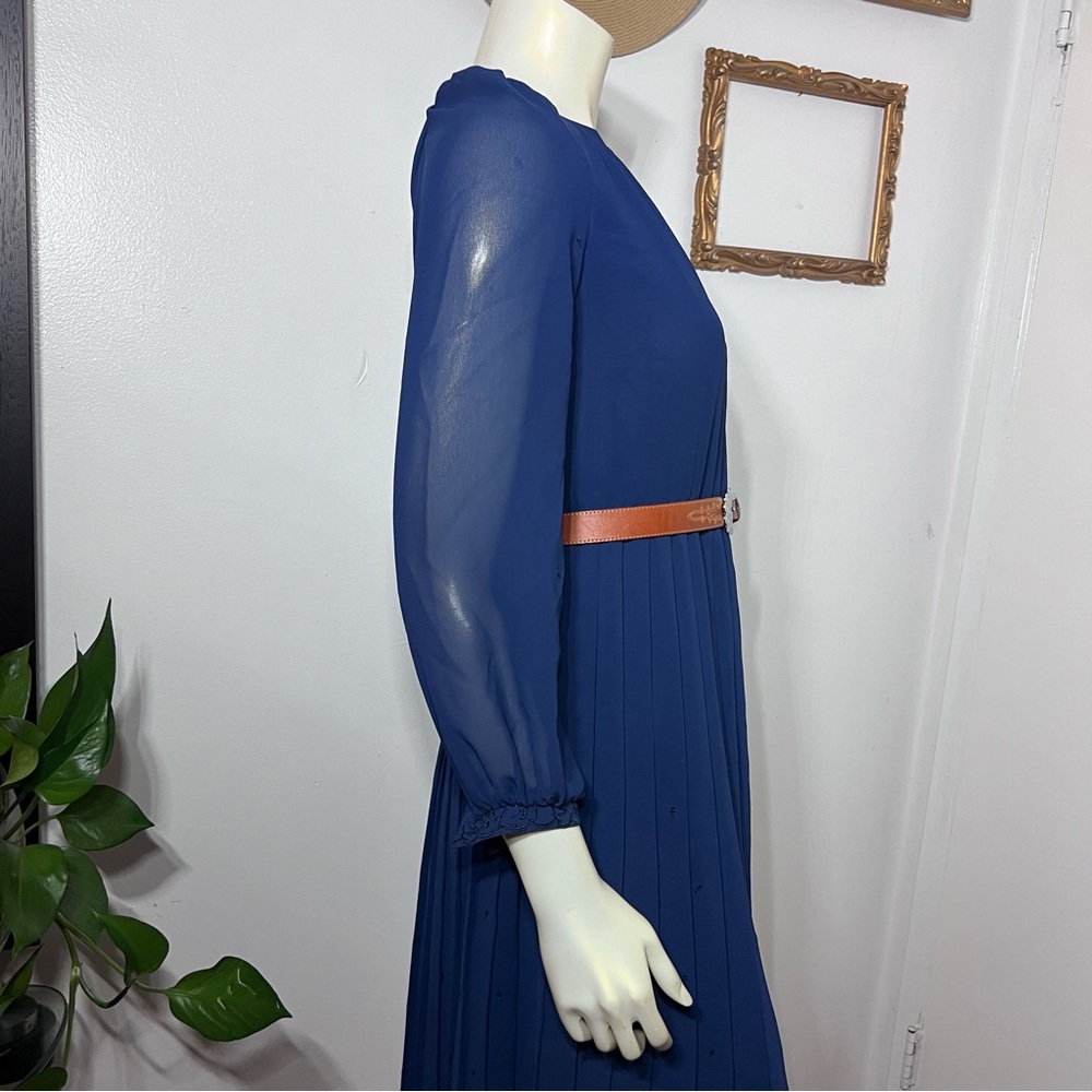 Vintage Ralph Baker Dress Navy Blue Pleated Skirt Chiffon Midi Dres Midi Size 6 - Picture 7 of 16